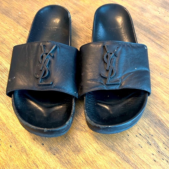 YSL Saint Laurent Joan Logo Slides Sandals Black Leather Sz 37.5 FAIR - Picture 1 of 14